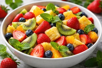 Obraz premium Colorful fresh fruit salad with strawberries pineapples kiwis and mint leaves in a bowl