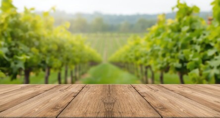 Fototapeta premium Wooden surface on table framed by soft green vineyard background in spring