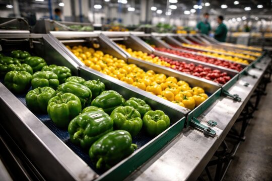 Fresh vegetables being sorted by size on a conveyor belt in a food processing plant