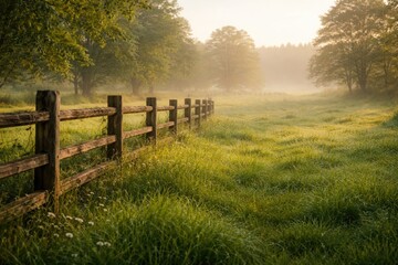 Fototapeta premium Tranquil rural scene with wooden fence and lush green grass under soft morning light and copy space