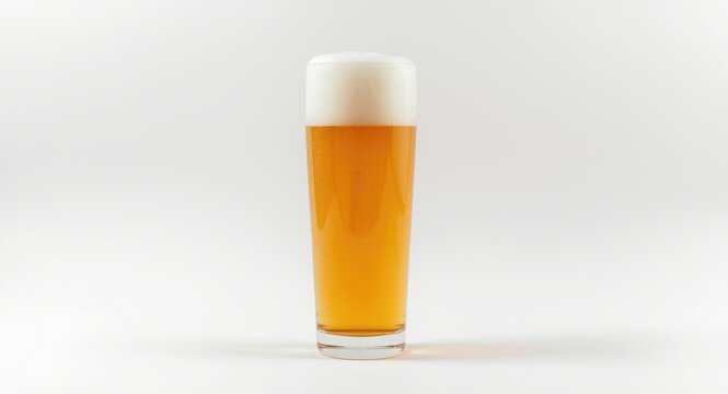 Tall nonic pint glass containing cloudy craft IPA beer on a simple white backdrop