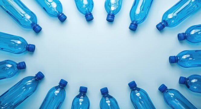Fragmented blue plastic bottles on a clean light background symbolizing recycling and environmental care
