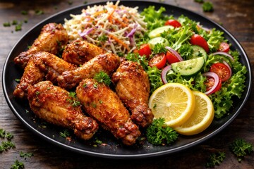 Fototapeta premium A black plate showcasing crispy chicken wings with fresh coleslaw and a vibrant side salad garnished with lemon slices and parsley