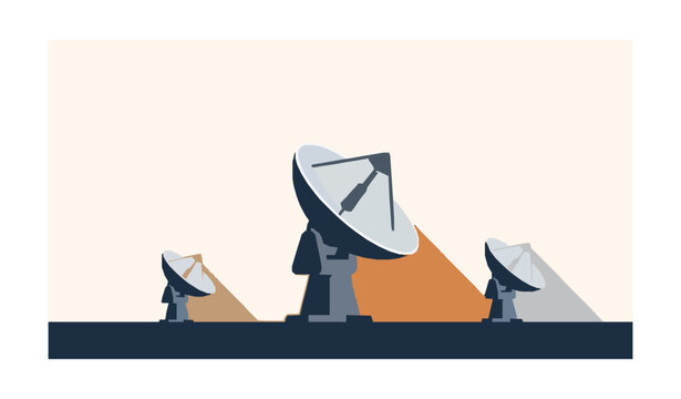 Three satellite dishes at sunset flat vector illustration modern communication technology concept isolated on white background