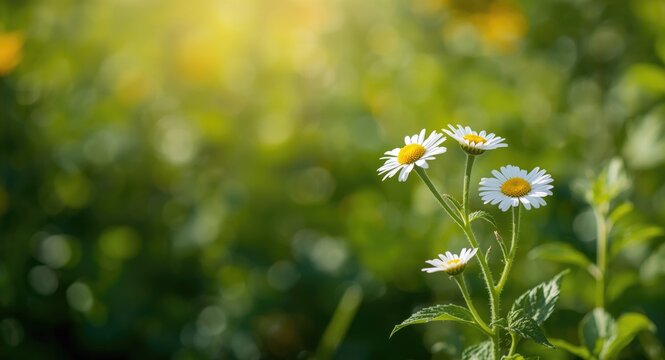 Full length view of Tanacetum parthenium flowering with bright summer sunshine