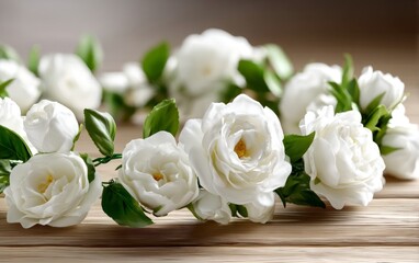 Fototapeta premium Elegant White Flower Garland Casually Resting on a Wooden Surface