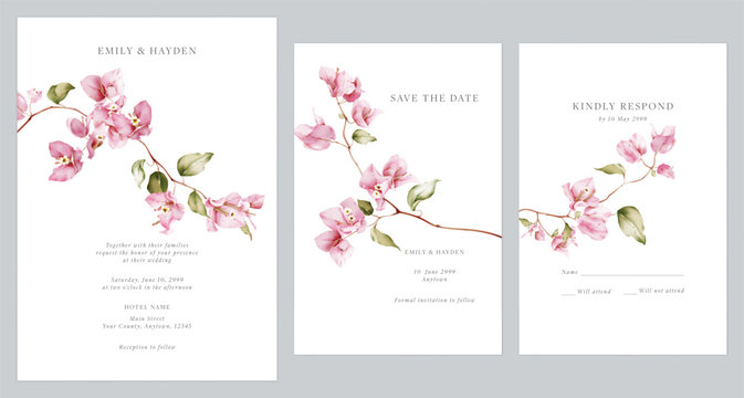 Wedding invitation suite featuring watercolor-style pink Bougainvillea flowers on a clean white background