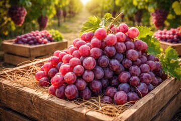 Fototapeta premium Freshly Harvested Flame Seedless Grapes in Wooden Crate at Vineyard