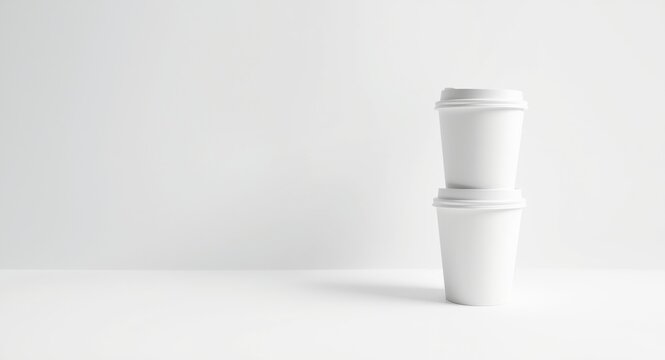 Minimalist white disposable coffee cups for takeaway in large medium and small sizes isolated on background