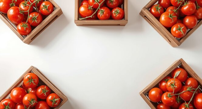 Wooden crates presenting multiple arrangements of ripe Tomberry tomatoes on clean white background