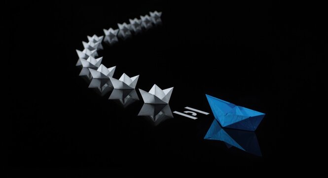Trail of paper boats guided by a blue boat marked guidelines symbolizing rule following
