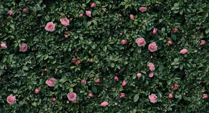 Wall fully covered with green plants highlighted by pink roses and butterfly motifs