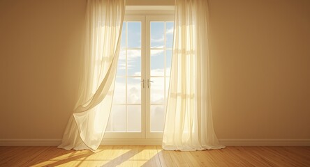 Fototapeta premium Sun shining through open window with curtains in motion and serene sky backdrop