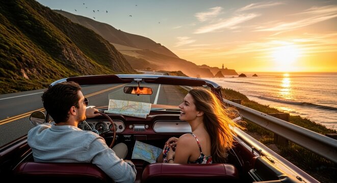 Couple enjoying a scenic drive in a convertible during sunset.