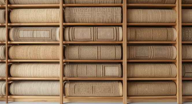 Wooden shelving displaying neatly arranged natural material carpet rolls featuring geometric rectangle designs