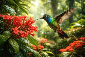 Fototapeta premium Vibrant hummingbird hovering over bright red flowers in lush tropical woodland