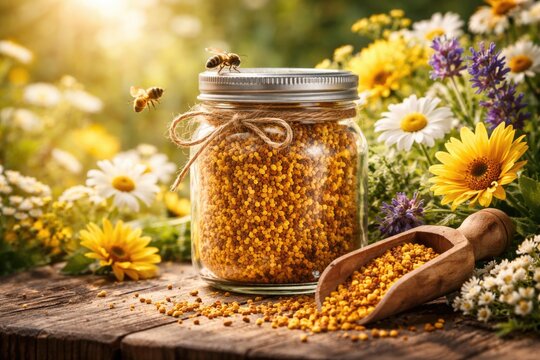 Glass jar of bee pollen with blooming flowers symbolizing natural immune support and apitherapy benefits