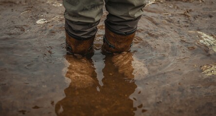 Fototapeta premium Sport fishing gear including boots and waders immersed in muddy water for outdoor adventure