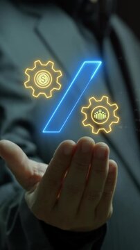 Profit high growth percent icon, stocks, financial, ranking, mortgage rates, Interest rate and dividend concept. Businessman showing animation of dollar sign inside gear with percentage icon.