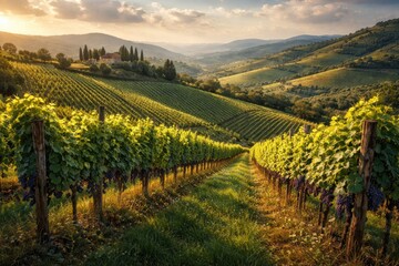 Fototapeta premium Vineyard Rows with Grapevines in Rolling Hills at Sunset