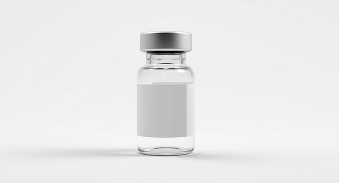 Silver capped clear glass vial on white background with open label area and copy space