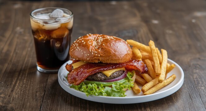 Tasty bacon burger in pretzel bun served with chilled cold brew coffee