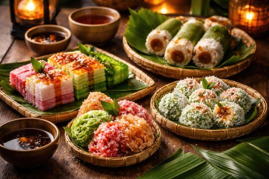 Delicious takjil featuring traditional snacks getuk klepon putu and klanting for breaking the fast