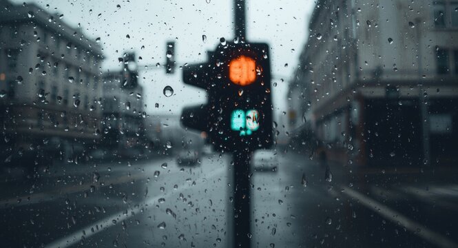 Traffic signal viewed through rainy window droplets on a city street
