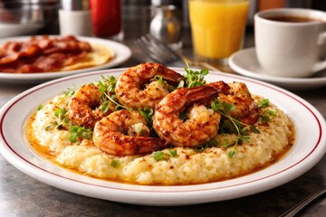 Fototapeta premium Classic American diner style breakfast featuring seasoned jumbo shrimp with micro greens on creamy grits