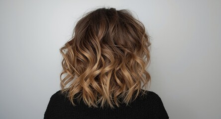Naklejka premium Woman with curly dark blonde highlighted hair in black sweater captured from behind