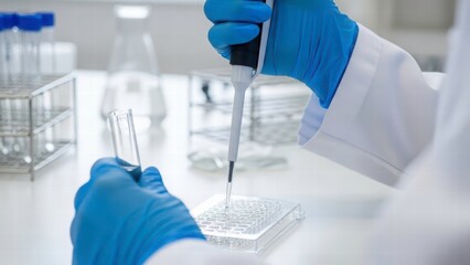 Fototapeta premium Scientist at Work: A close-up view captures a scientist meticulously conducting research in a sterile laboratory environment, dispensing liquids with precision. 