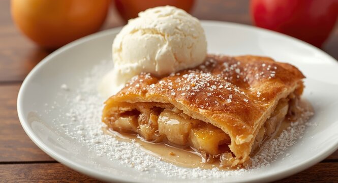 Warm apple cinnamon strudel accompanied by a scoop of rich ice cream on a plate