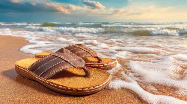 Empty Sandals Left at Shoreline with Gentle Waves and Beautiful Sunset