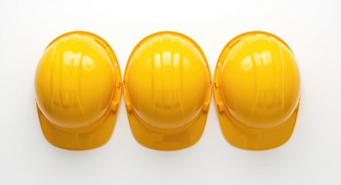 Three yellow hard hats lined up on a pristine white background representing workplace safety and team collaboration