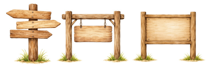 A rustic watercolor collection of wooden signs and directional signs, featuring blank wooden signboards, a hanging sign on posts, and a framed notice board with natural grass accents. © liana