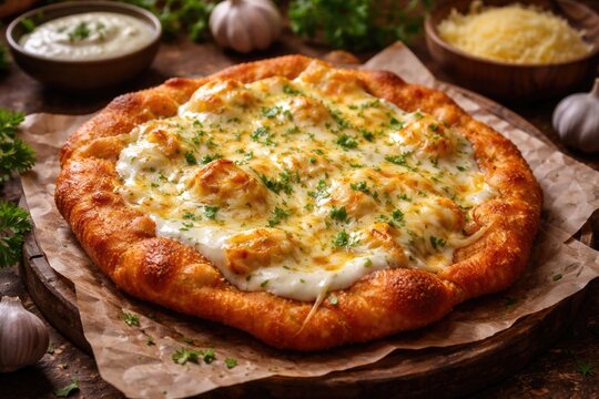 Traditional langos flatbread topped with creamy garlic sauce and melted cheese
