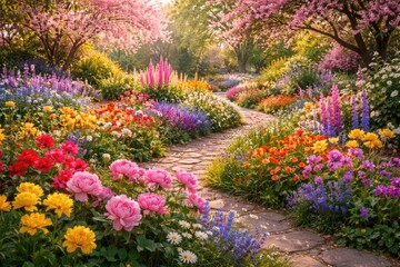 Naklejka premium Vibrant spring garden filled with blooming flowers in various colors