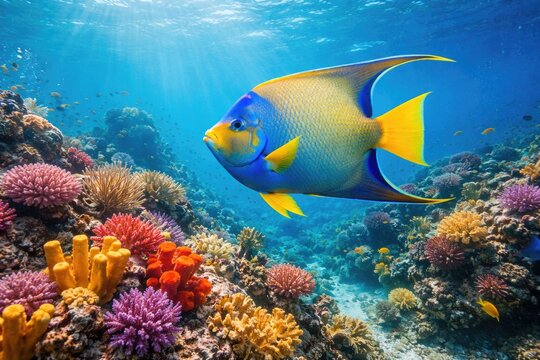 A joyful queen angelfish playing above a multicolored coral reef on a bright summer day