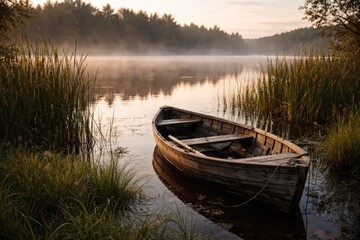 Obraz premium Serene outdoor scene featuring a wooden rowing boat abandoned on a calm lake with surrounding reeds and grass