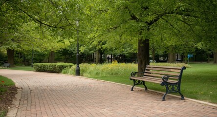 Fototapeta premium Tranquil outdoor park view showing a charming bench on a neat brick walkway in nature