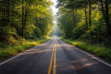 Fototapeta premium Scenic vacant road flanked by dense summer greenery in natural landscape