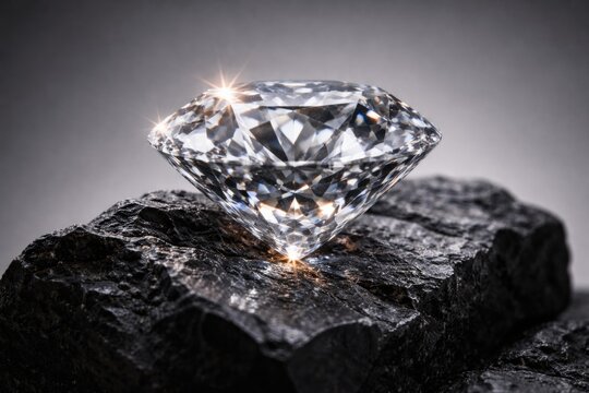 Close up of a sparkling faceted gem on rough black stone with plain backdrop