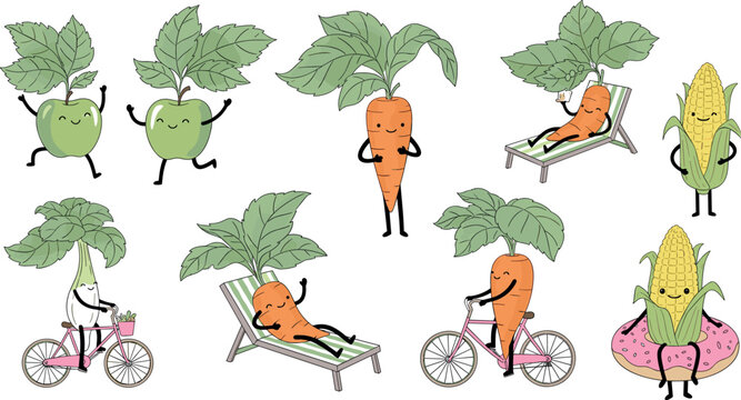 Cute vegetable characters set with carrots apples and corn in funny activities cartoon food mascots vector illustration