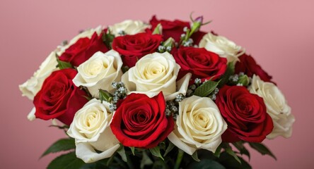 Fototapeta premium Vibrant Valentine's Day bouquet featuring scarlet and ivory roses