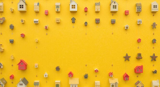 Visual representation of voting system featuring tiny houses on yellow background with space for additional information