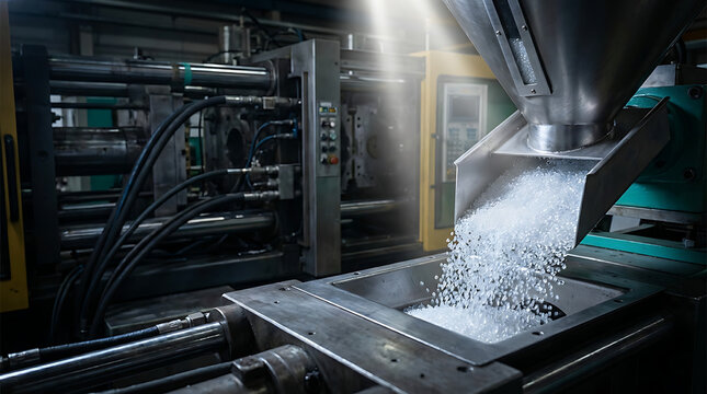 Industrial plastic pellets being fed into manufacturing machinery for production