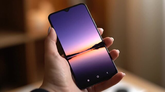 Close-up of a person's hand holding a modern smartphone displaying a vibrant sunset landscape wallpaper