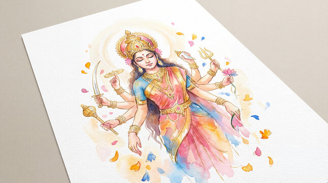 Watercolor Painting of Goddess Durga with Multiple Arms