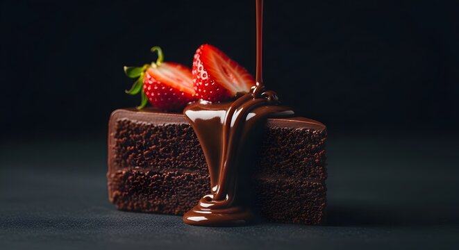 Sepotong kue cokelat berlapis dengan siraman saus cokelat cair dan hiasan potongan stroberi segar