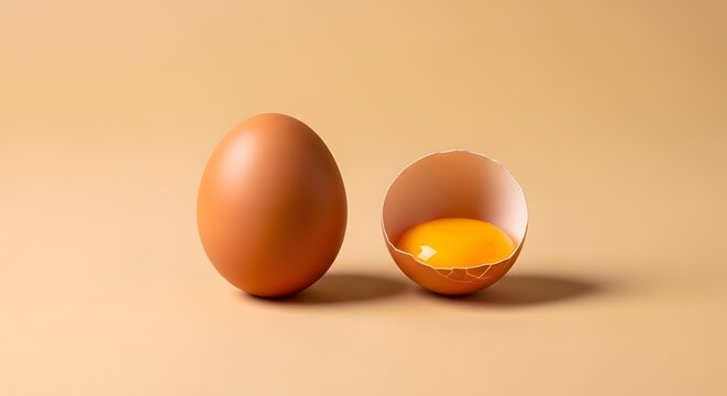Satu butir telur cokelat utuh dan satu cangkang telur yang pecah dengan kuning telur segar di latar belakang krem